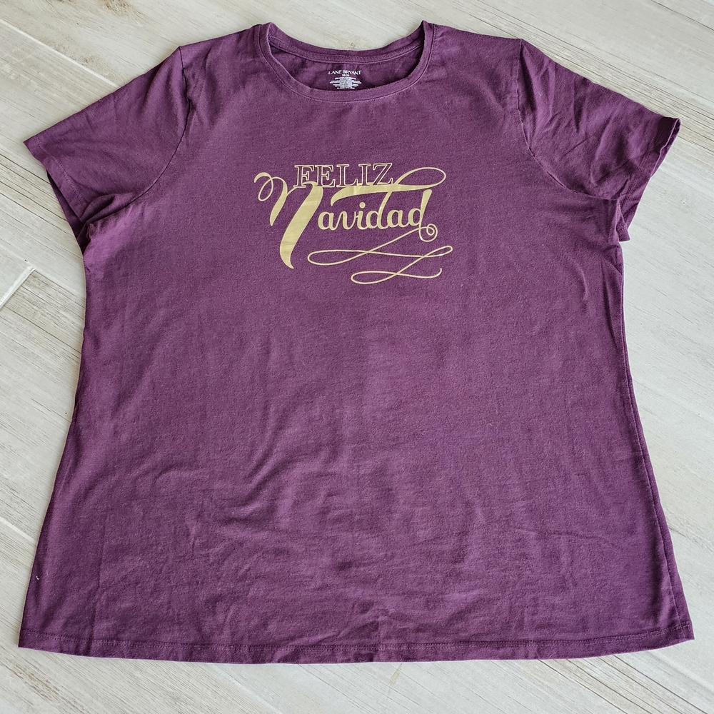 Lane Bryant Wine Color Tee with Gold Script Feliz Navidad Christmas Size 18 / 20